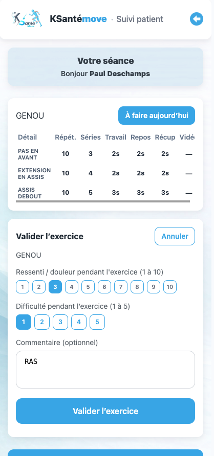 Capture d'écran vue patient