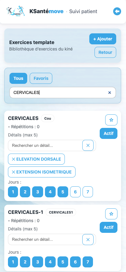 Capture d'écran templates d'exercices